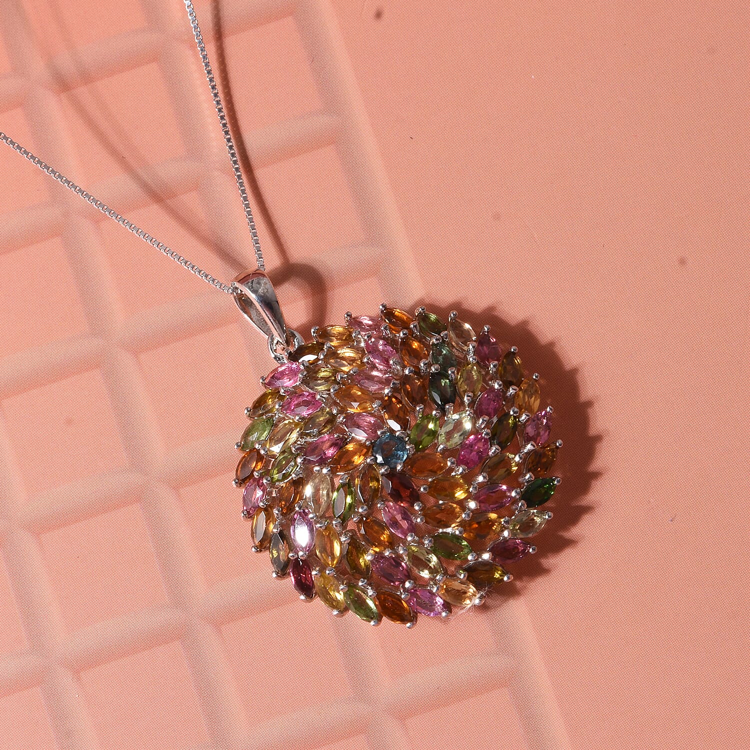 D'Joy Premium Multi-Tourmaline 6.30 ctw Color Burst Bloom Pendant Necklace in Rhodium Over Sterling Silver (20 Inches)