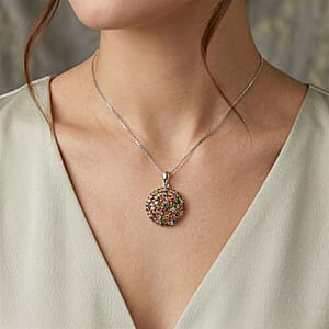 D'Joy Premium Multi-Tourmaline 6.30 ctw Color Burst Bloom Pendant Necklace in Rhodium Over Sterling Silver (20 Inches)