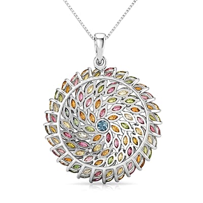 D'Joy Premium Multi-Tourmaline 6.30 ctw Color Burst Bloom Pendant Necklace in Rhodium Over Sterling Silver (20 Inches)