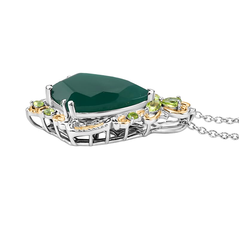 EverTrue Verde Onyx and Hebei Peridot 12.00 ctw Leaf & Vine Pendant in 18K YG Plated and Platinum Bond with Stainless Steel Necklace 20 Inches