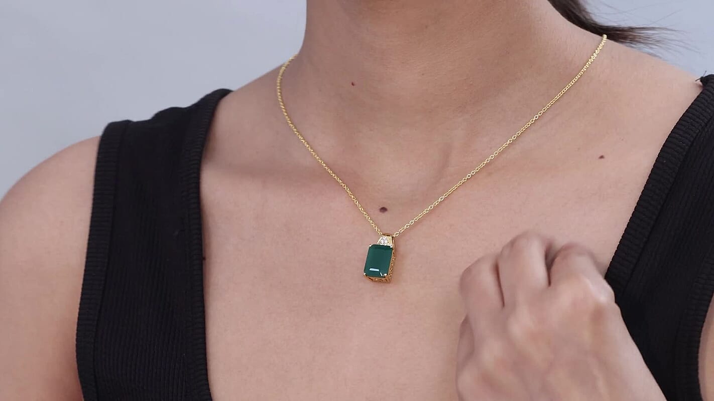 EverTrue Verde Onyx and White Zircon 7.35 ctw Octagon Frame Power Pendant in 18K YG Plated with ION Plated Yellow Gold Stainless Steel Necklace 20 Inches
