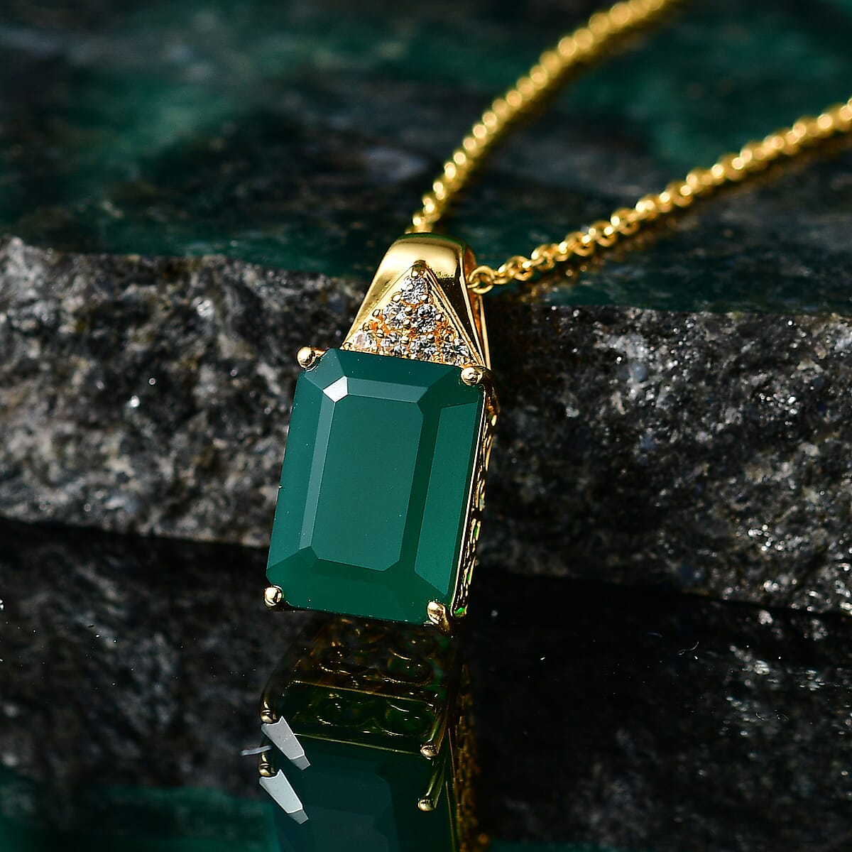 EverTrue Verde Onyx and White Zircon 7.35 ctw Pendant in 18K YG Plated with ION Plated Yellow Gold Stainless Steel Necklace 20 Inches image number 1