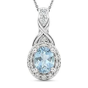 D'Joy Premium Mangoro Aquamarine and White Zircon 0.50 ctw Pendant Necklace (20 Inches) in Rhodium Over Sterling Silver