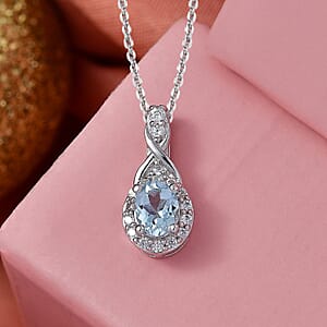 D'Joy Premium Mangoro Aquamarine and White Zircon 0.50 ctw Pendant Necklace (20 Inches) in Rhodium Over Sterling Silver