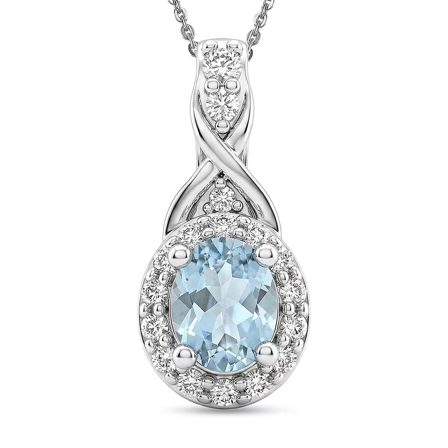 D'Joy Premium Mangoro Aquamarine and White Zircon 1.15 ctw Pendant Necklace in Rhodium Over Sterling Silver (20 Inches)