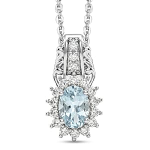 D'Joy Premium Mangoro Aquamarine and White Zircon 1.15 ctw Pendant Necklace in Rhodium Over Sterling Silver (20 Inches)