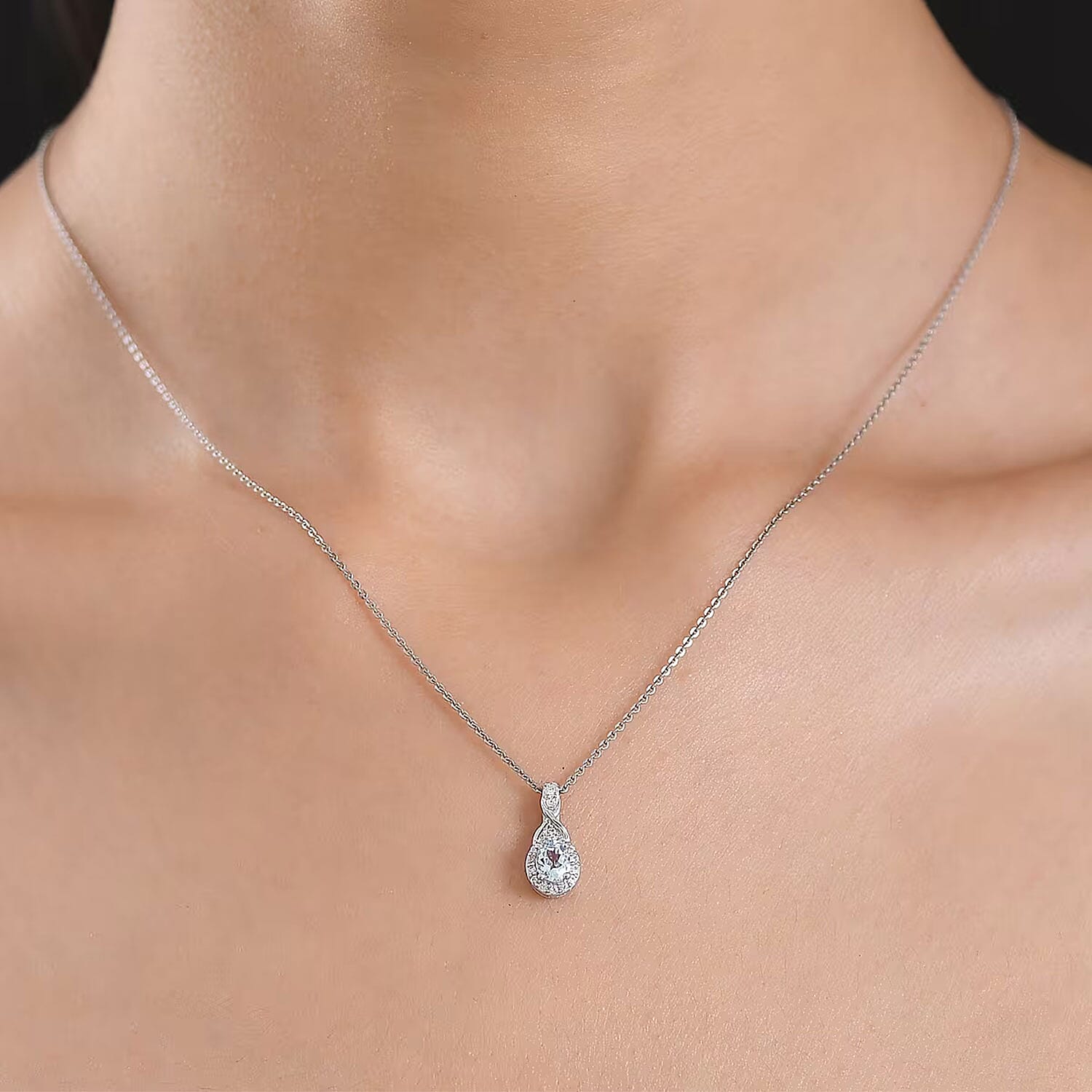 D'Joy Premium Mangoro Aquamarine and White Zircon 1.15 ctw Pendant Necklace in Rhodium Over Sterling Silver (20 Inches)