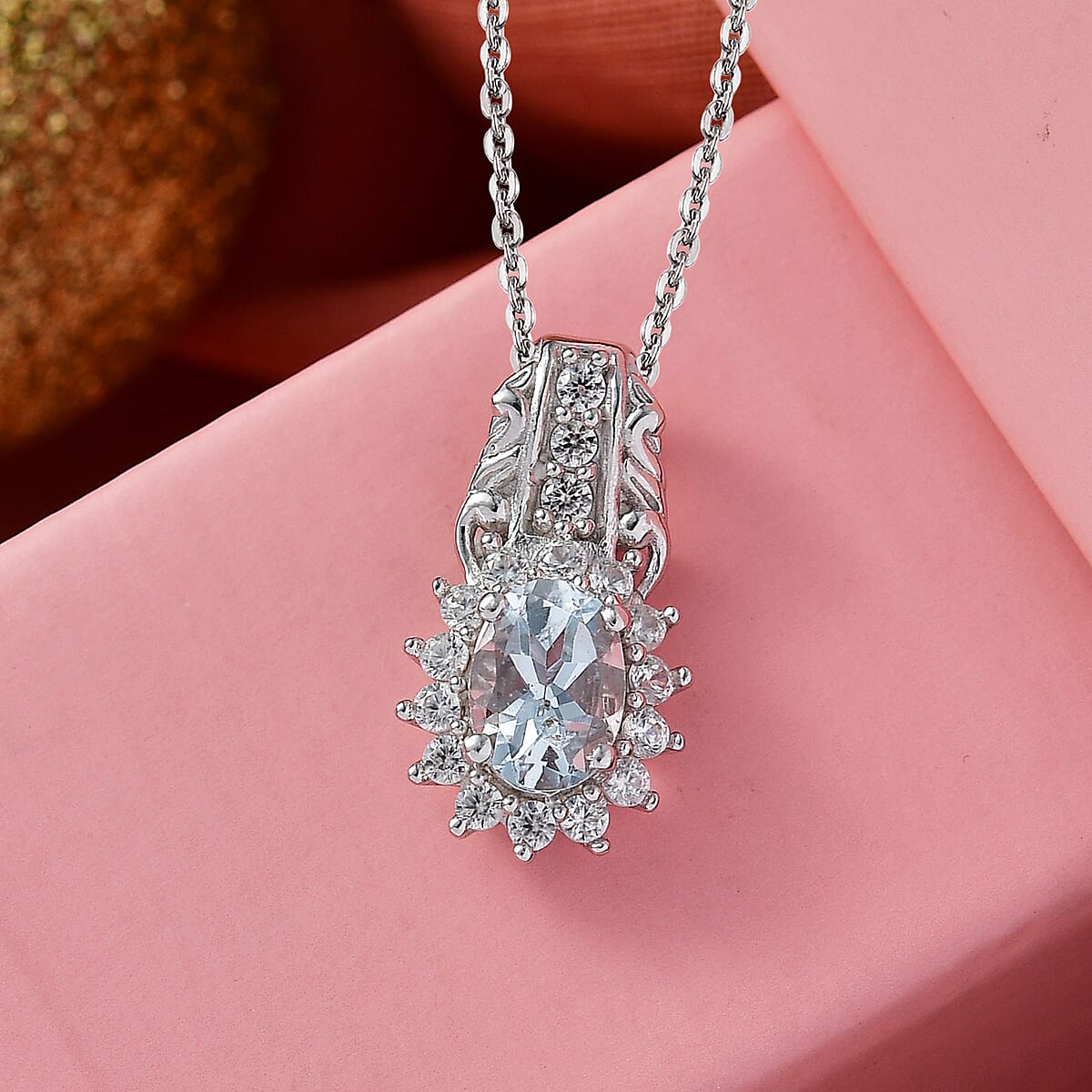 D'Joy Premium Mangoro Aquamarine and White Zircon 1.15 ctw Pendant Necklace in Rhodium Over Sterling Silver (20 Inches) image number 1