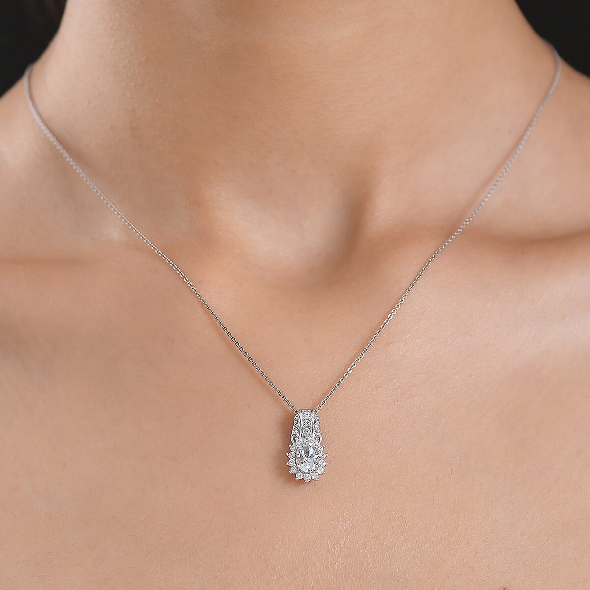 D'Joy Premium Mangoro Aquamarine and White Zircon 1.15 ctw Pendant Necklace in Rhodium Over Sterling Silver (20 Inches) image number 2