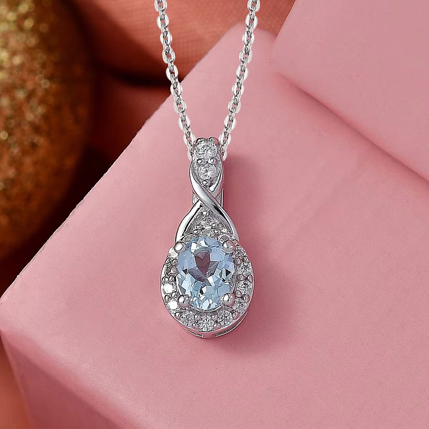 D'Joy Premium Mangoro Aquamarine and White Zircon 1.15 ctw Pendant Necklace in Rhodium Over Sterling Silver (20 Inches)