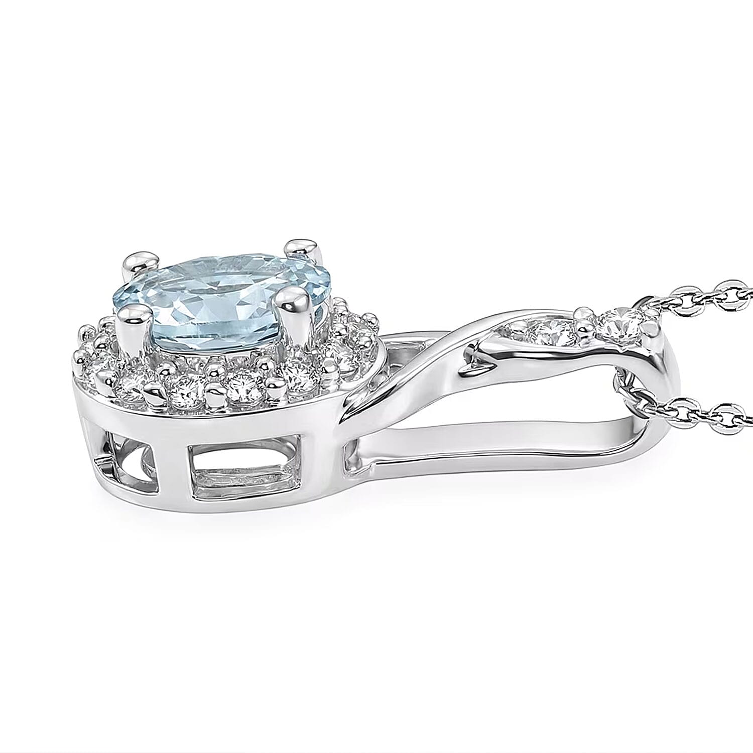 D'Joy Premium Mangoro Aquamarine and White Zircon 1.15 ctw Pendant Necklace in Rhodium Over Sterling Silver (20 Inches)