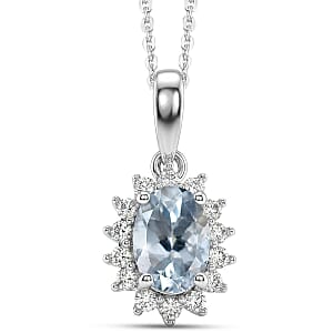 D'Joy Premium Mangoro Aquamarine and White Zircon 1.10 ctw Pendant Necklace (20 Inches) in Rhodium Over Sterling Silver