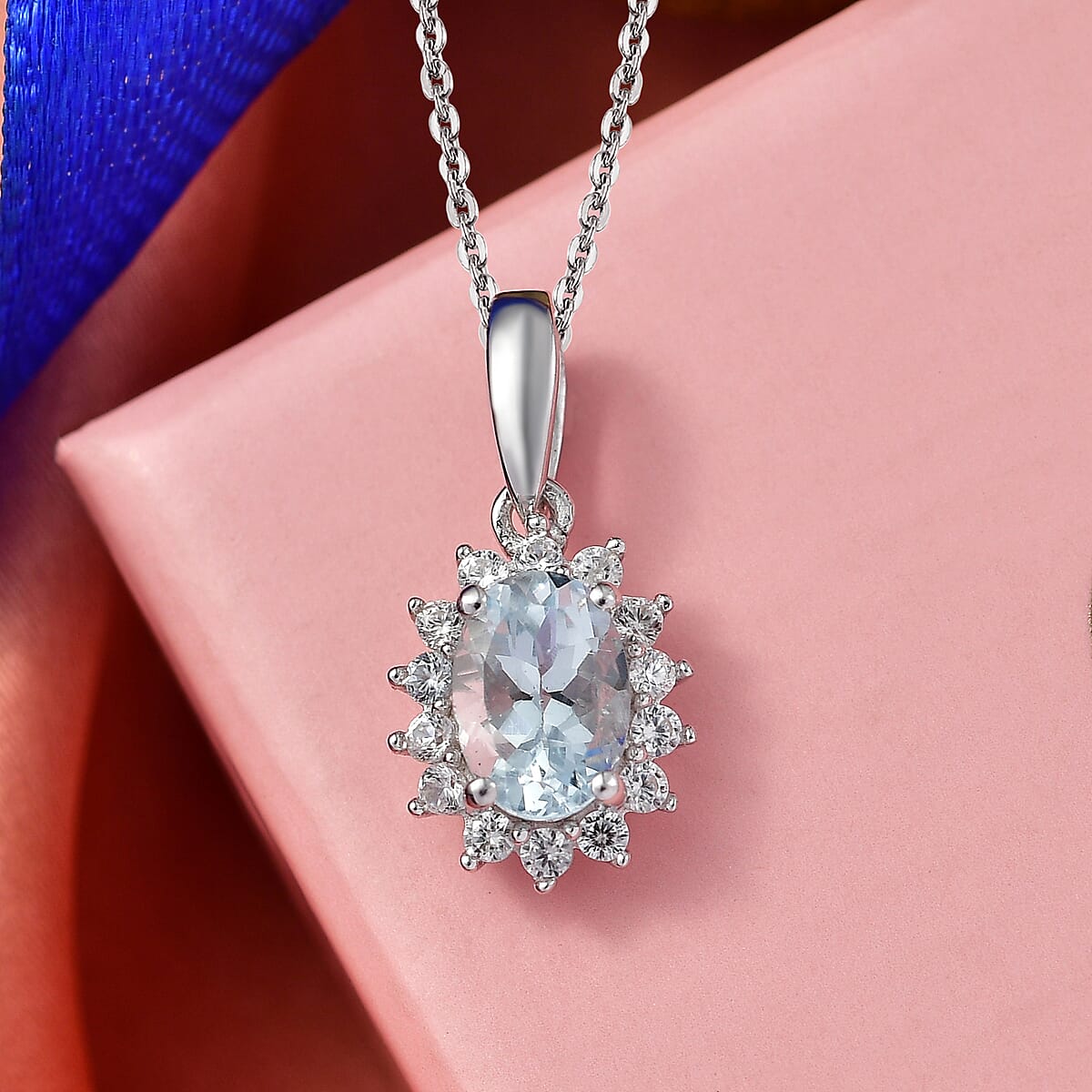 D'Joy Premium Mangoro Aquamarine and White Zircon 1.10 ctw Pendant Necklace (20 Inches) in Rhodium Over Sterling Silver image number 1