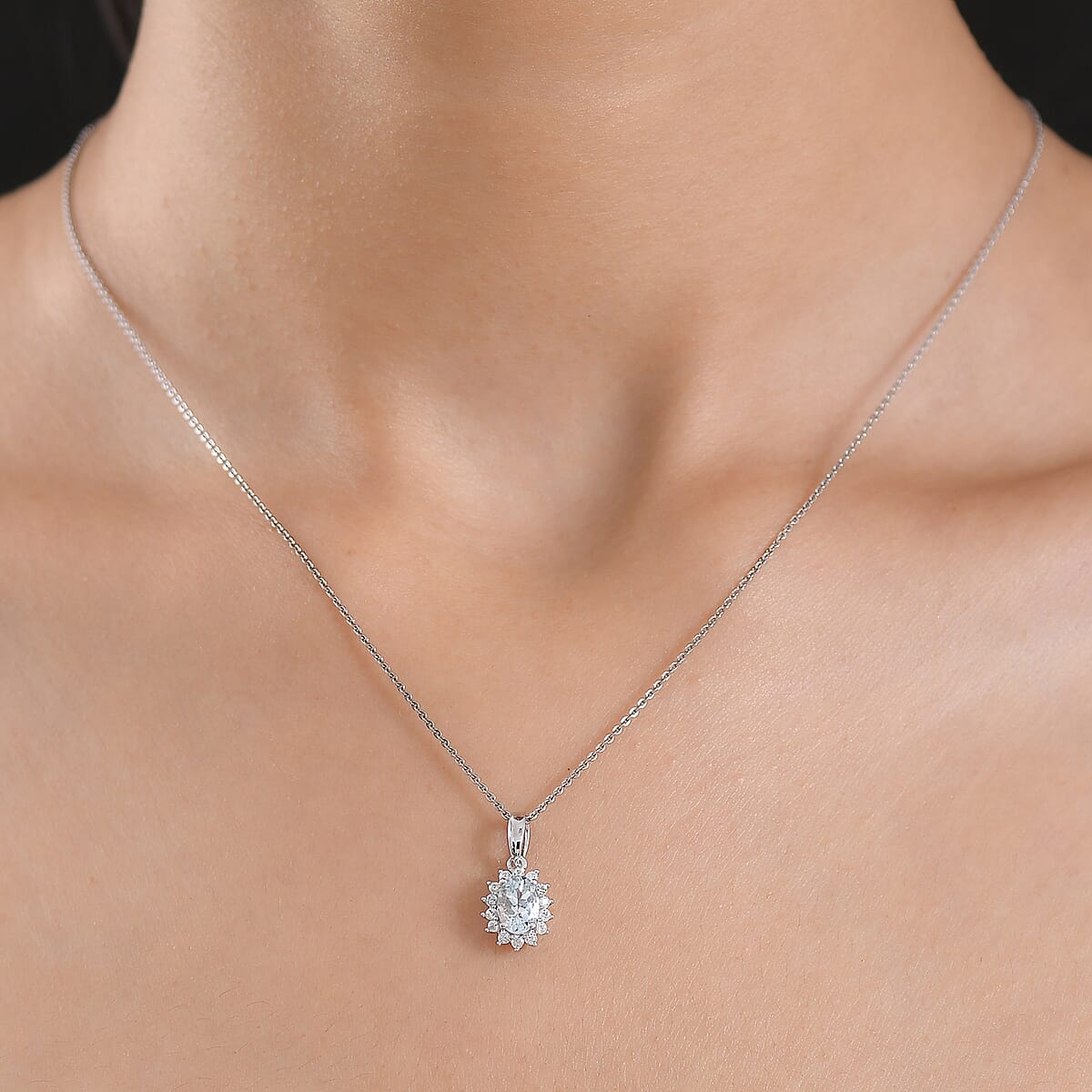 D'Joy Premium Mangoro Aquamarine and White Zircon 1.10 ctw Pendant Necklace (20 Inches) in Rhodium Over Sterling Silver image number 2