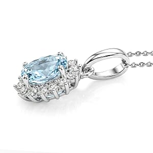 D'Joy Premium Mangoro Aquamarine and White Zircon 1.10 ctw Pendant Necklace (20 Inches) in Rhodium Over Sterling Silver