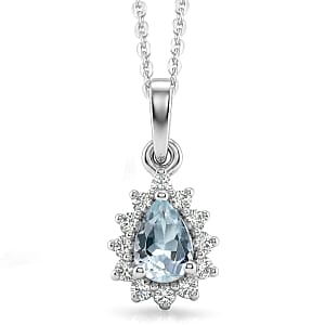D'Joy Premium Mangoro Aquamarine and White Zircon 0.65 ctw Pendant Necklace (20 Inches) in Rhodium Over Sterling Silver