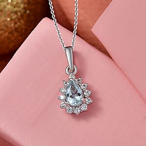 D'Joy Premium Mangoro Aquamarine and White Zircon 0.65 ctw Pendant Necklace (20 Inches) in Rhodium Over Sterling Silver