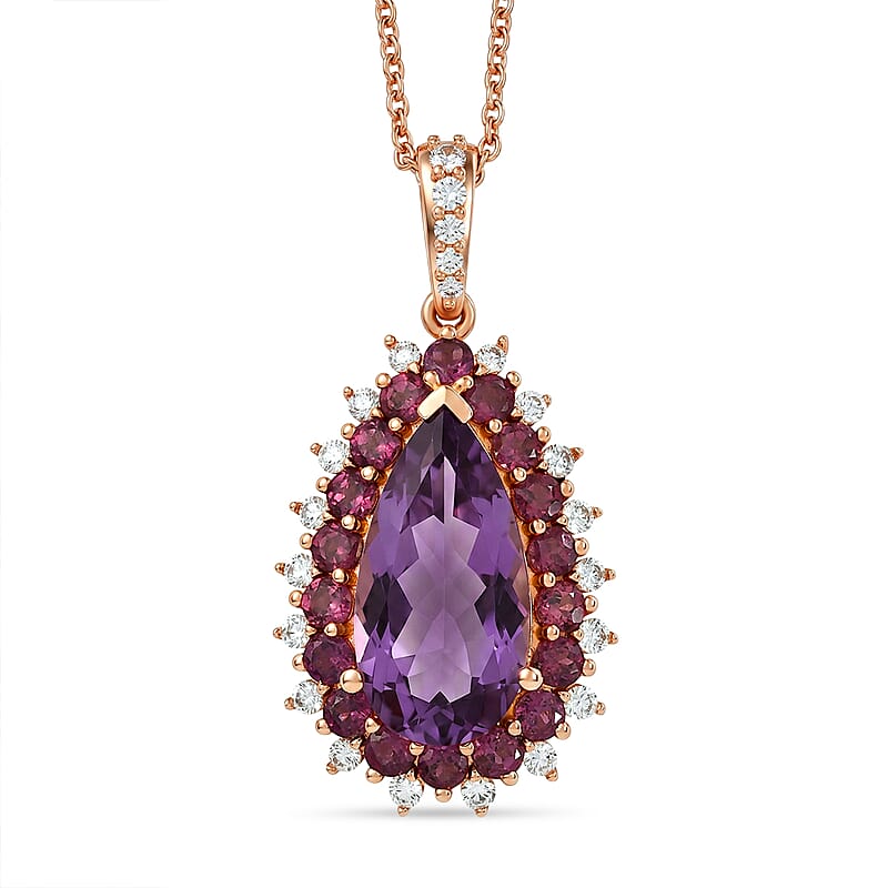 EverTrue Rose De France Amethyst and Multi Gemstone 11.70 ctw Regal Teardrop Pendant in 18K RG Plated with ION Plated RG Stainless Steel Necklace 20 Inches
