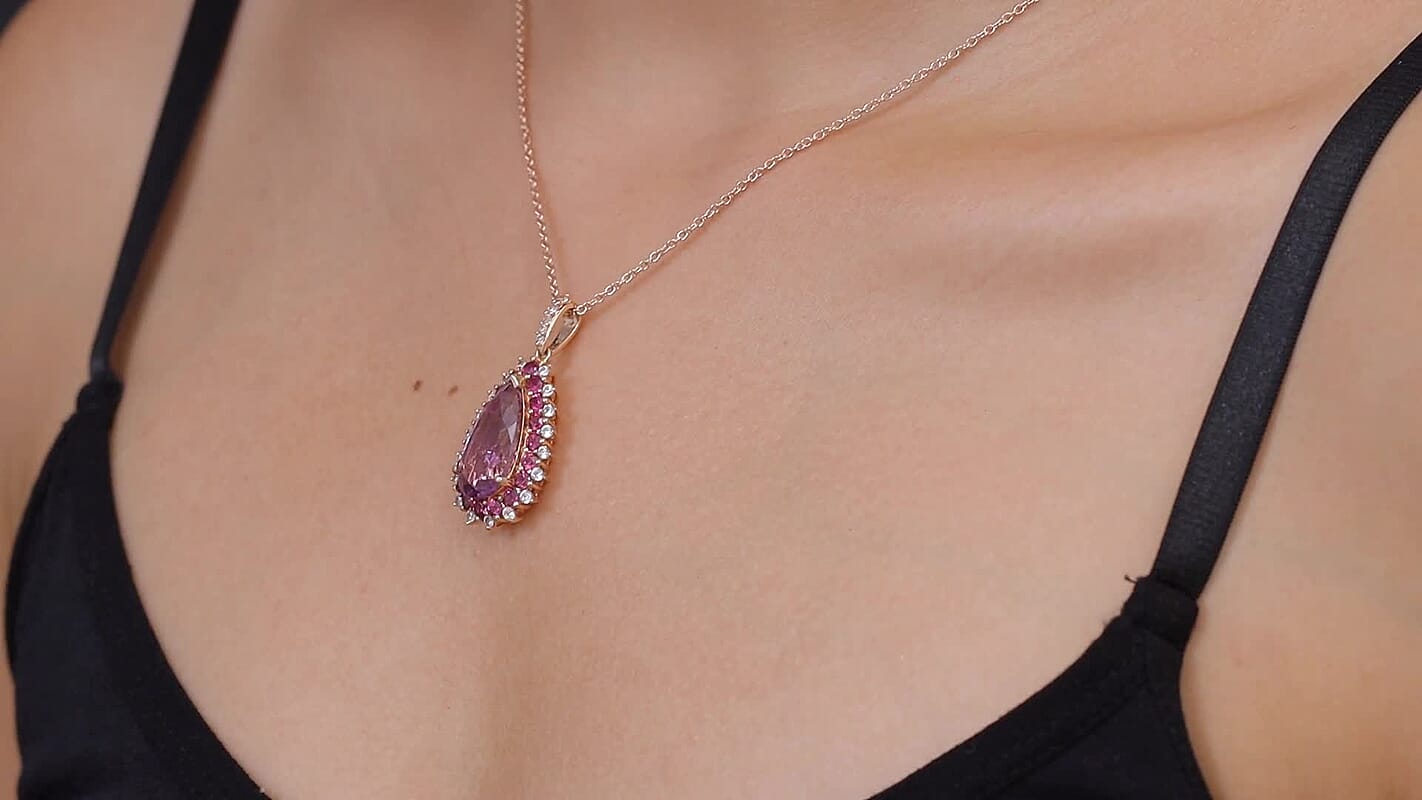 EverTrue Premium Rose De France Amethyst, Multi Gemstone Pendant in 18K RG Plated with ION Plated RG Stainless Steel Necklace (20 Inches) 11.70 ctw