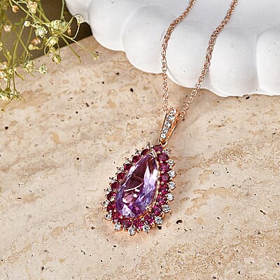 EverTrue Rose De France Amethyst and Multi Gemstone 11.70 ctw Regal Teardrop Pendant in 18K RG Plated with ION Plated RG Stainless Steel Necklace 20 Inches