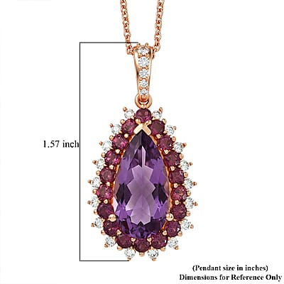 EverTrue Rose De France Amethyst and Multi Gemstone 11.70 ctw Regal Teardrop Pendant in 18K RG Plated with ION Plated RG Stainless Steel Necklace 20 Inches