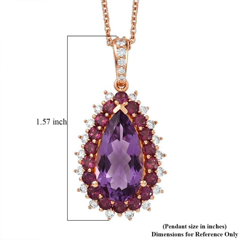 EverTrue Rose De France Amethyst and Multi Gemstone 11.70 ctw Regal Teardrop Pendant in 18K RG Plated with ION Plated RG Stainless Steel Necklace 20 Inches