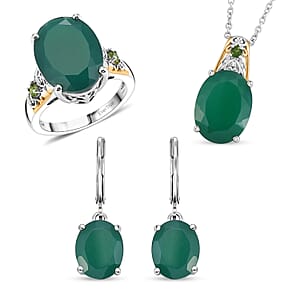 EverTrue Verde Onyx and Chrome Diopside 22.35 ctw Regal Verdant Trinity Earrings, Ring (Size 7.0) and Pendant in 18K YG Plated and Platinum Bond with Stainless Steel Necklace 20 Inches