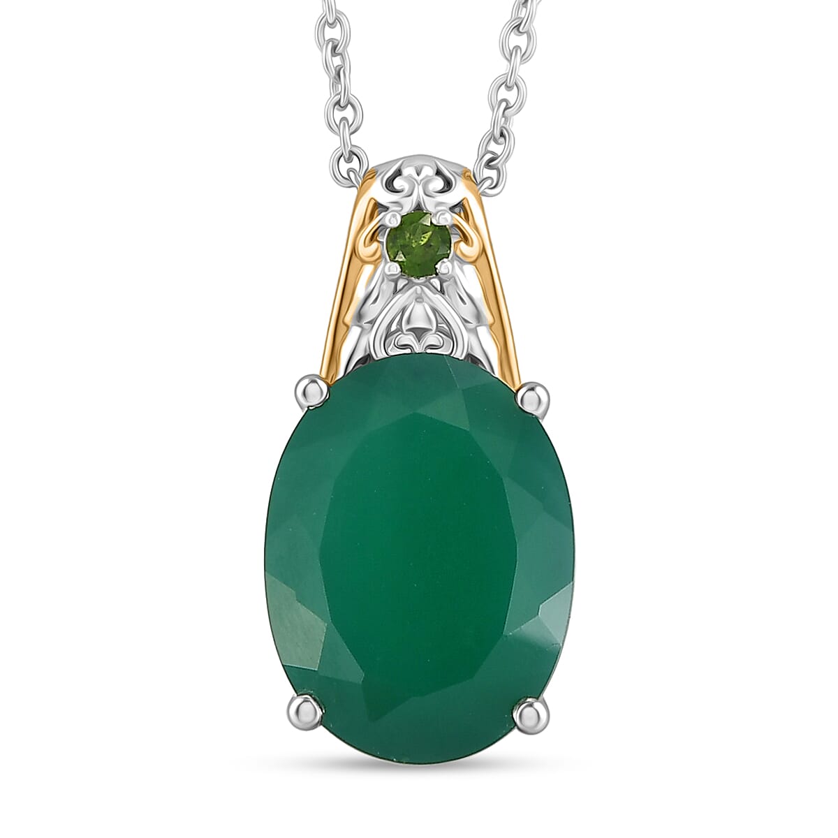 EverTrue Verde Onyx and Chrome Diopside 22.35 ctw Regal Verdant Trinity Earrings, Ring (Size 7.0) and Pendant in 18K YG Plated and Platinum Bond with Stainless Steel Necklace 20 Inches