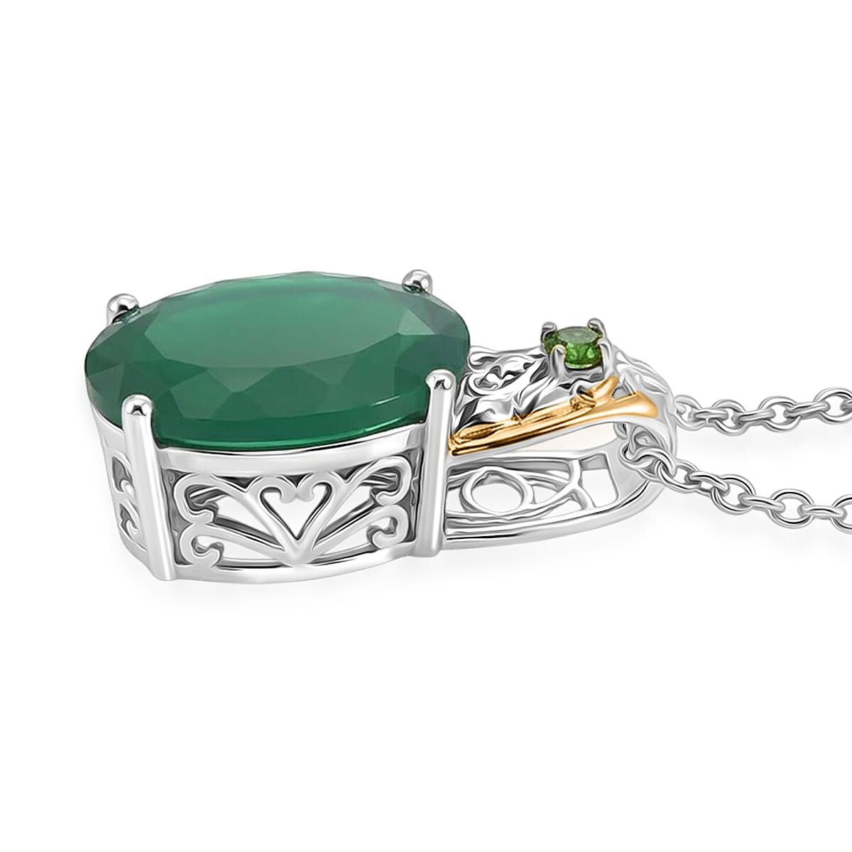 EverTrue Verde Onyx and Chrome Diopside 22.35 ctw Regal Verdant Trinity Earrings, Ring (Size 7.0) and Pendant in 18K YG Plated and Platinum Bond with Stainless Steel Necklace 20 Inches image number 7