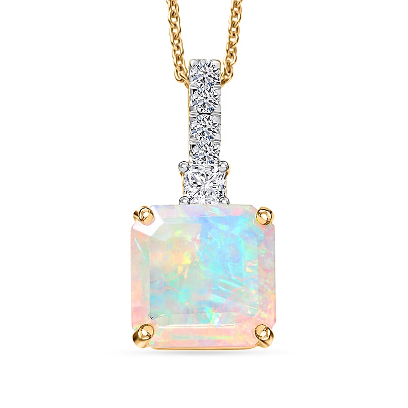 Certified & Appraised AAA Ethiopian Welo Opal and Luxuriant Lab Grown Diamond G-H SI 3.00 ctw Pendant Necklace in 10K Yellow Gold (20 Inches)