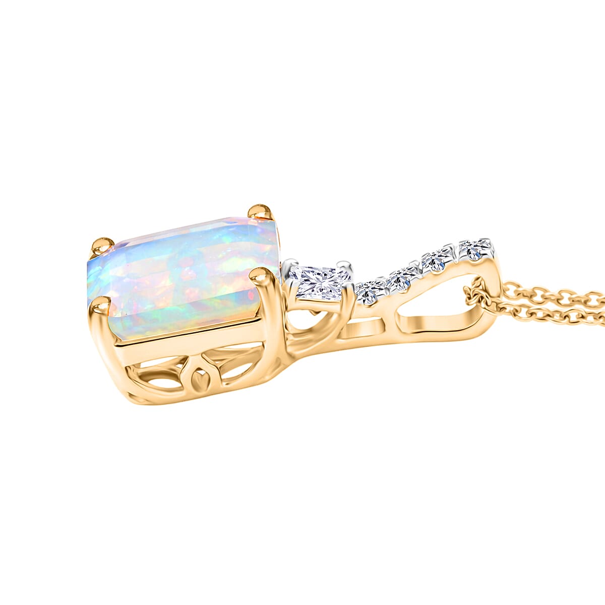 AAA Ethiopian Welo Opal and Luxuriant Lab Grown Diamond G-H SI 3.00 ctw Pendant Necklace in 10K Yellow Gold (20 Inches) image number 3
