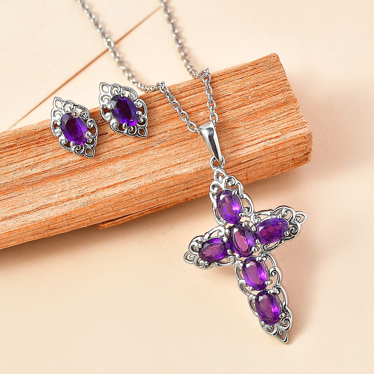 EverTrue African Amethyst 3.85 ctw Earrings and Pendant Necklace in Stainless Steel 20 Inches  image number 1