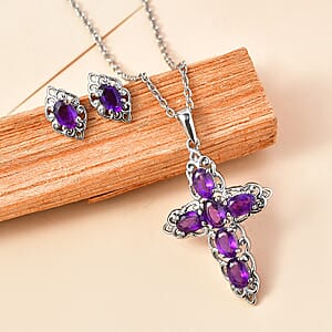 EverTrue African Amethyst 3.85 ctw Earrings and Pendant Necklace in Stainless Steel 20 Inches 