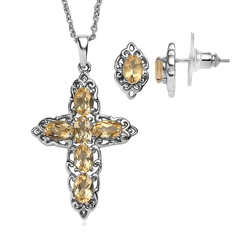 EverTrue Brazilian Citrine 3.60 ctw Earrings and Pendant Necklace in Stainless Steel 20 Inches