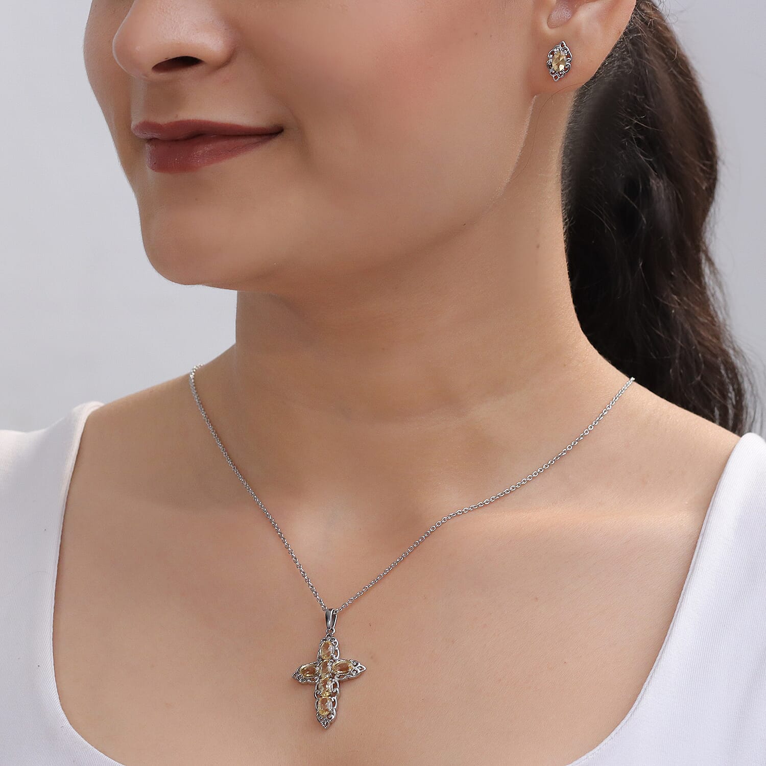 EverTrue Brazilian Citrine 3.60 ctw Earrings and Pendant Necklace in Stainless Steel 20 Inches