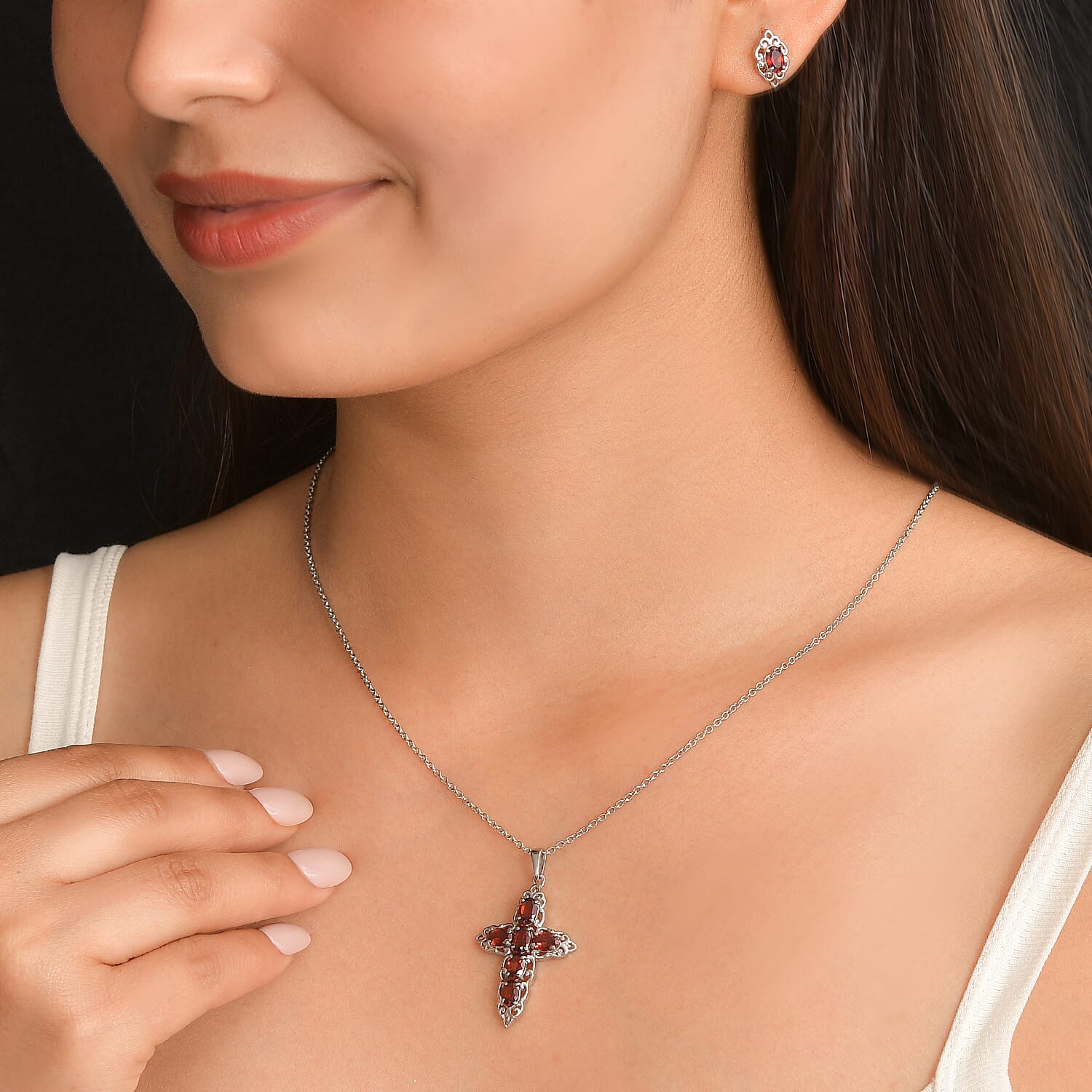 EverTrue Mozambique Garnet 4.50 ctw Earrings and Pendant Necklace in Stainless Steel 20 Inches
