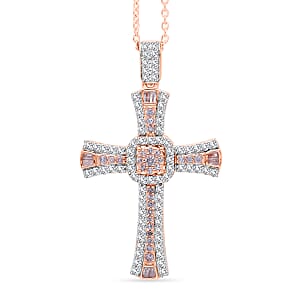 D'Joy Natural Pink and White Diamond 0.50 ctw Cross Pendant Necklace (20 Inches) in 18K Vermeil Rose Gold Over Sterling Silver
