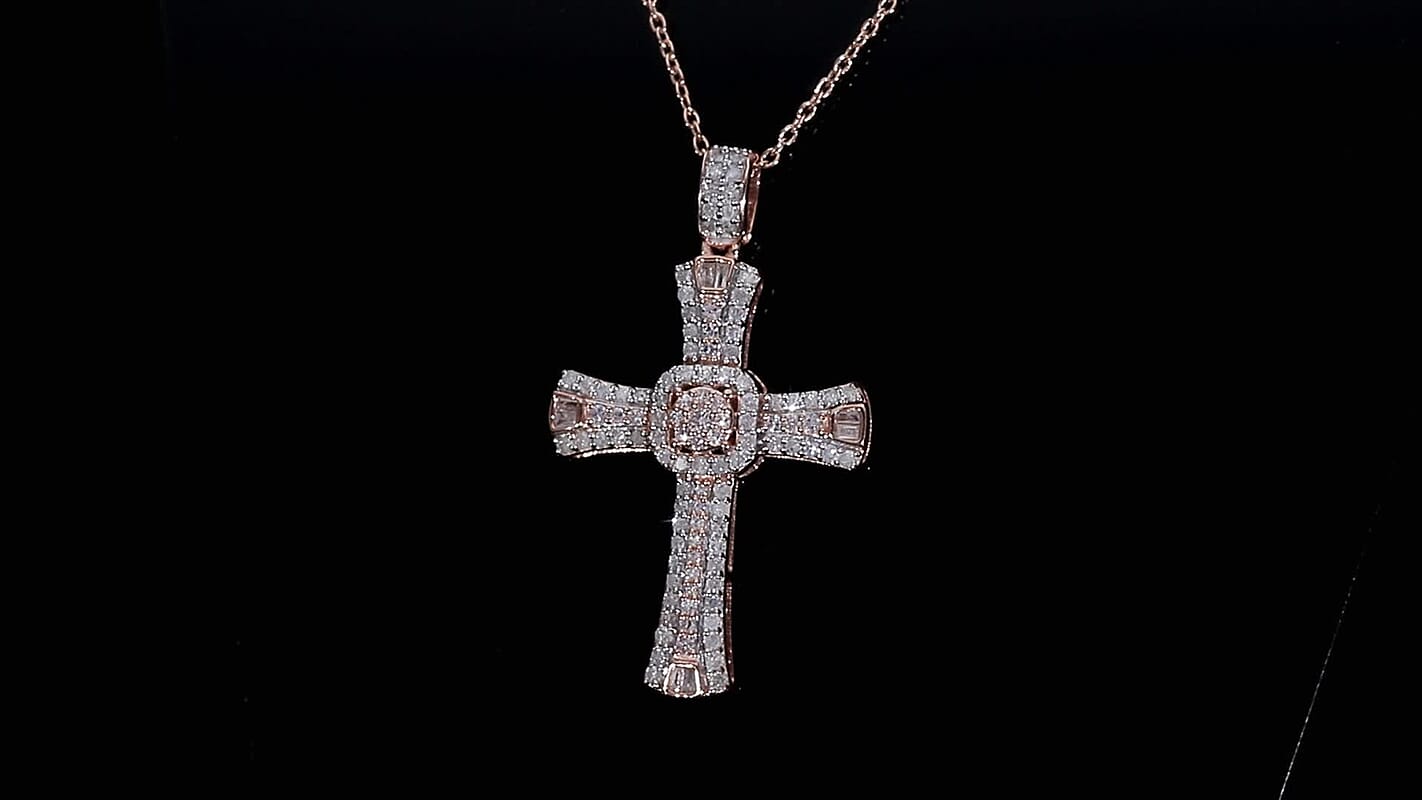 D'Joy Natural Pink and White Diamond 0.50 ctw Cross Pendant Necklace (20 Inches) in 18K Vermeil Rose Gold Over Sterling Silver