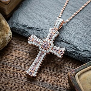 D'Joy Natural Pink and White Diamond 0.50 ctw Cross Pendant Necklace (20 Inches) in 18K Vermeil Rose Gold Over Sterling Silver