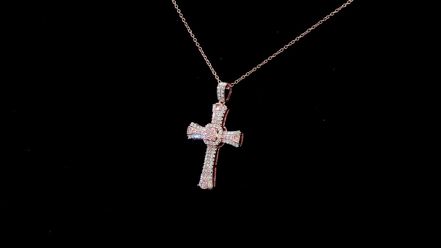 D'Joy Natural Pink and White Diamond 0.50 ctw Cross Pendant Necklace (20 Inches) in 18K Vermeil Rose Gold Over Sterling Silver