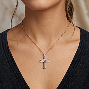 D'Joy Natural Pink and White Diamond 0.50 ctw Cross Pendant Necklace (20 Inches) in 18K Vermeil Rose Gold Over Sterling Silver