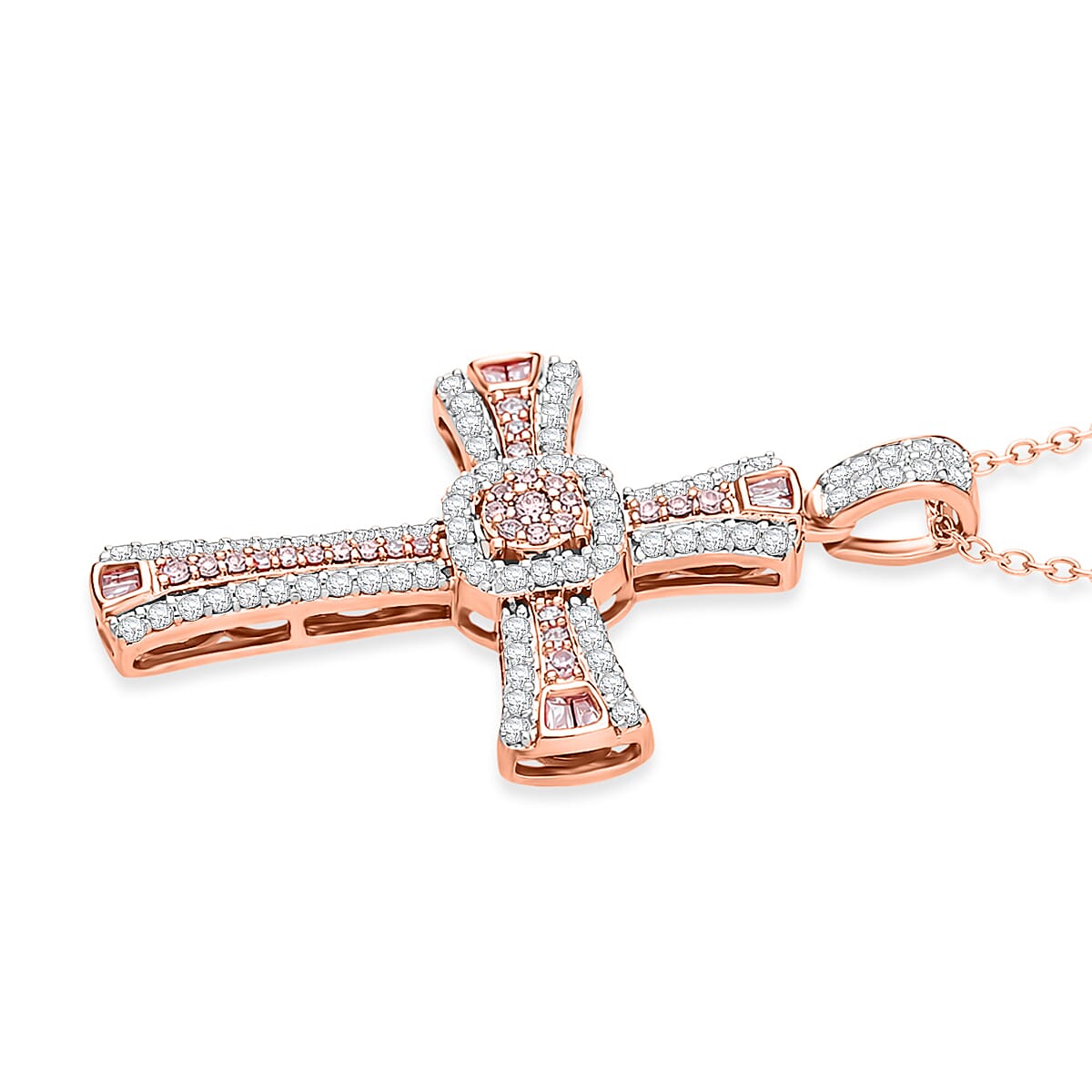 D'Joy Natural Pink and White Diamond 0.50 ctw Cross Pendant Necklace (20 Inches) in 18K Vermeil Rose Gold Over Sterling Silver image number 2