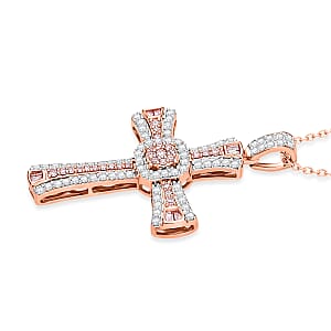 D'Joy Natural Pink and White Diamond 0.50 ctw Cross Pendant Necklace (20 Inches) in 18K Vermeil Rose Gold Over Sterling Silver