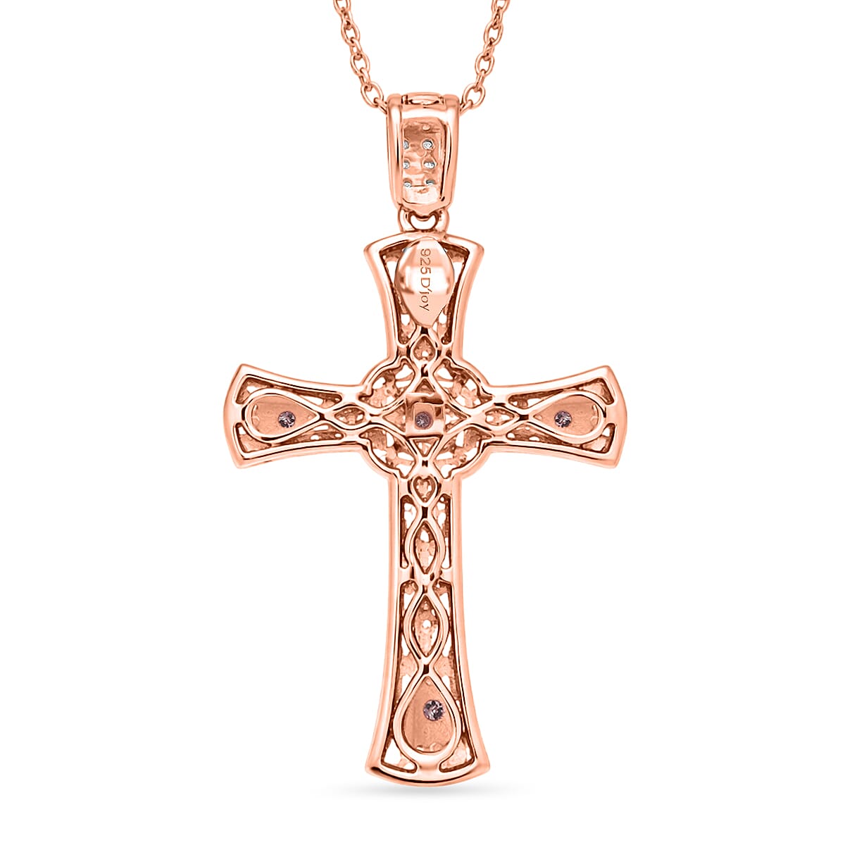 D'Joy Natural Pink and White Diamond 0.50 ctw Cross Pendant Necklace (20 Inches) in 18K Vermeil Rose Gold Over Sterling Silver image number 3