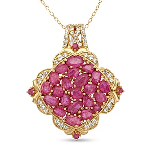 D'Joy Mozambique Ruby and White Zircon 5.20 ctw Royal Color Cluster Pendant Necklace in 18K Vermeil Yellow Gold Over Sterling Silver (20 Inches)