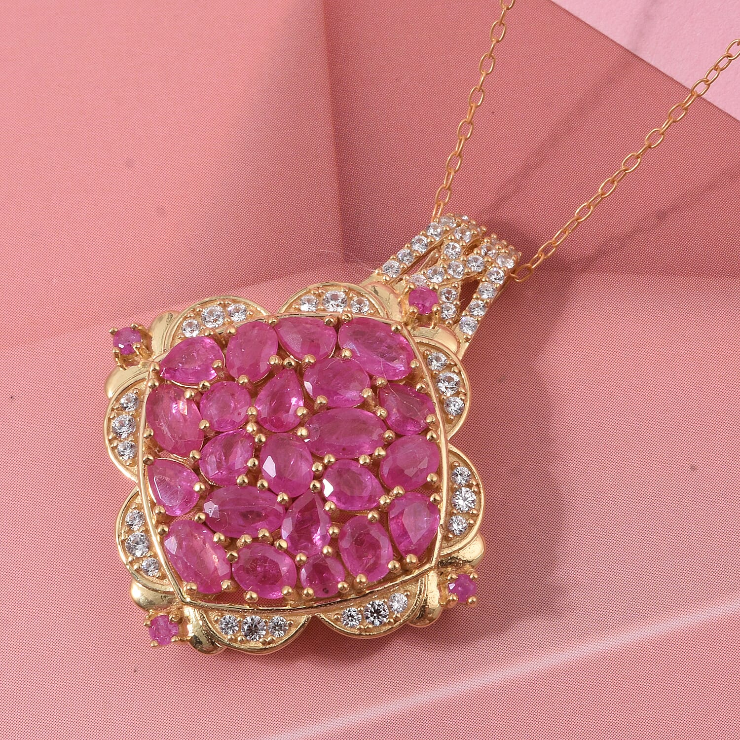 D'Joy Mozambique Ruby and White Zircon 5.20 ctw Royal Color Cluster Pendant Necklace in 18K Vermeil Yellow Gold Over Sterling Silver (20 Inches)
