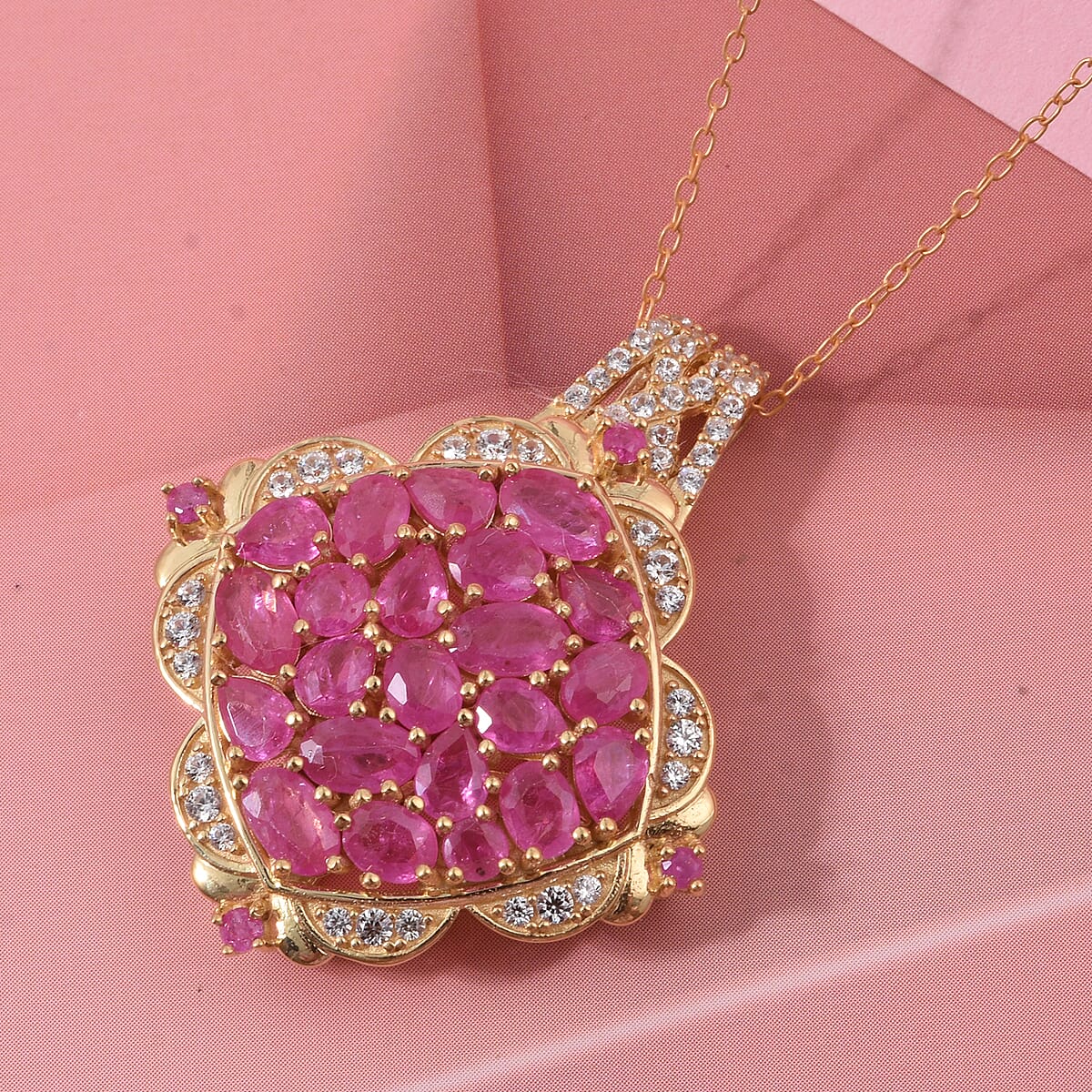 D'Joy Mozambique Ruby and White Zircon 5.20 ctw Royal Color Cluster Pendant Necklace in 18K Vermeil Yellow Gold Over Sterling Silver (20 Inches) image number 1