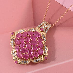 D'Joy Mozambique Ruby and White Zircon 5.20 ctw Royal Color Cluster Pendant Necklace in 18K Vermeil Yellow Gold Over Sterling Silver (20 Inches)