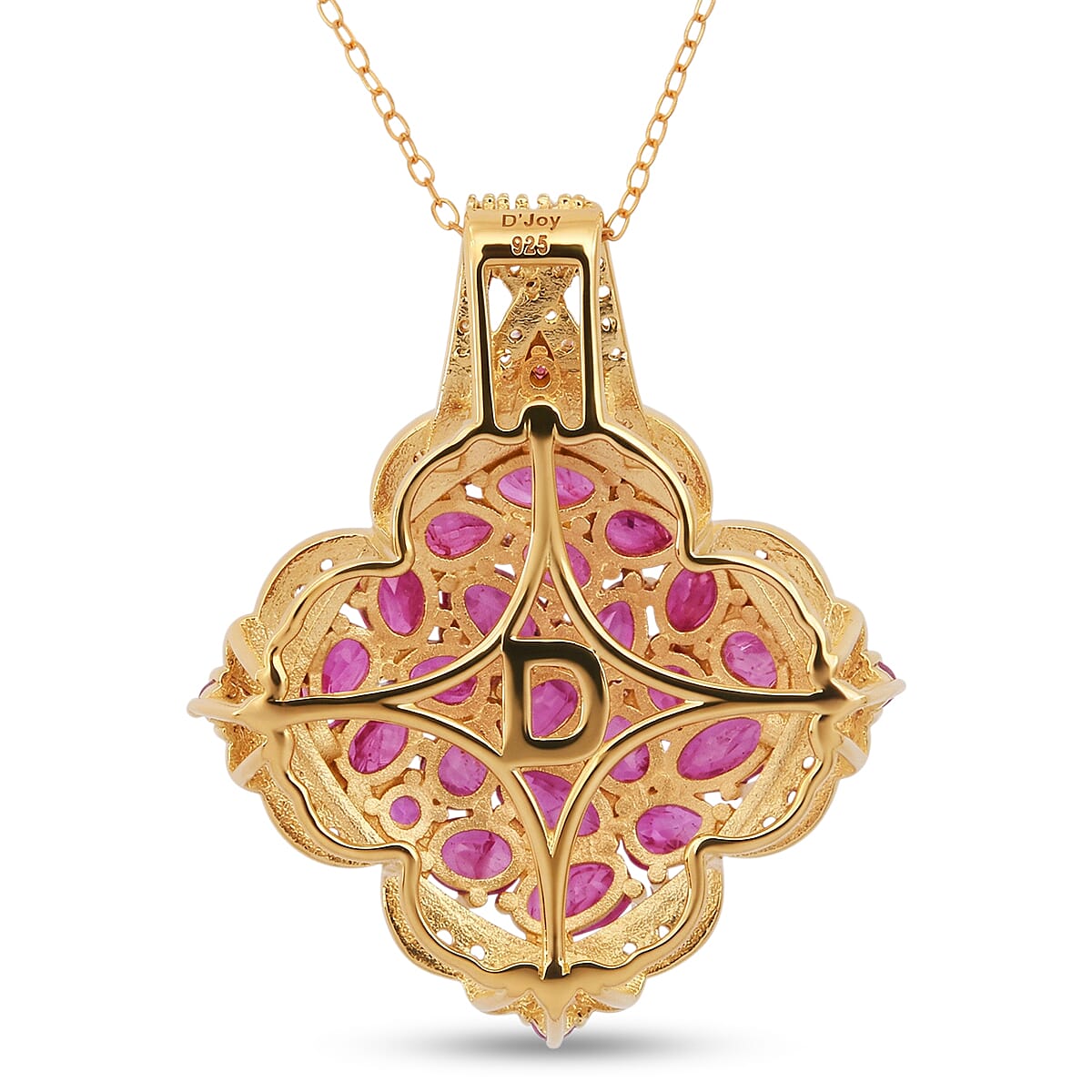 D'Joy Mozambique Ruby and White Zircon 5.20 ctw Royal Color Cluster Pendant Necklace in 18K Vermeil Yellow Gold Over Sterling Silver (20 Inches)