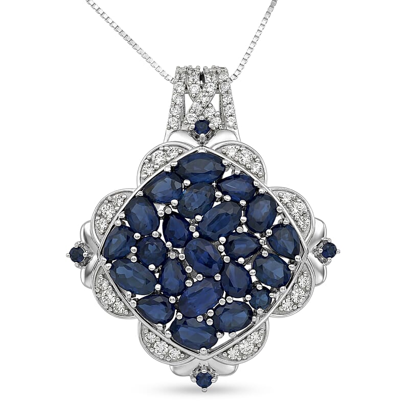 D'Joy Kanchanaburi Blue Sapphire and White Zircon 5.60 ctw Royal Color Cluster Pendant Necklace in Rhodium Over Sterling Silver (20 Inches)